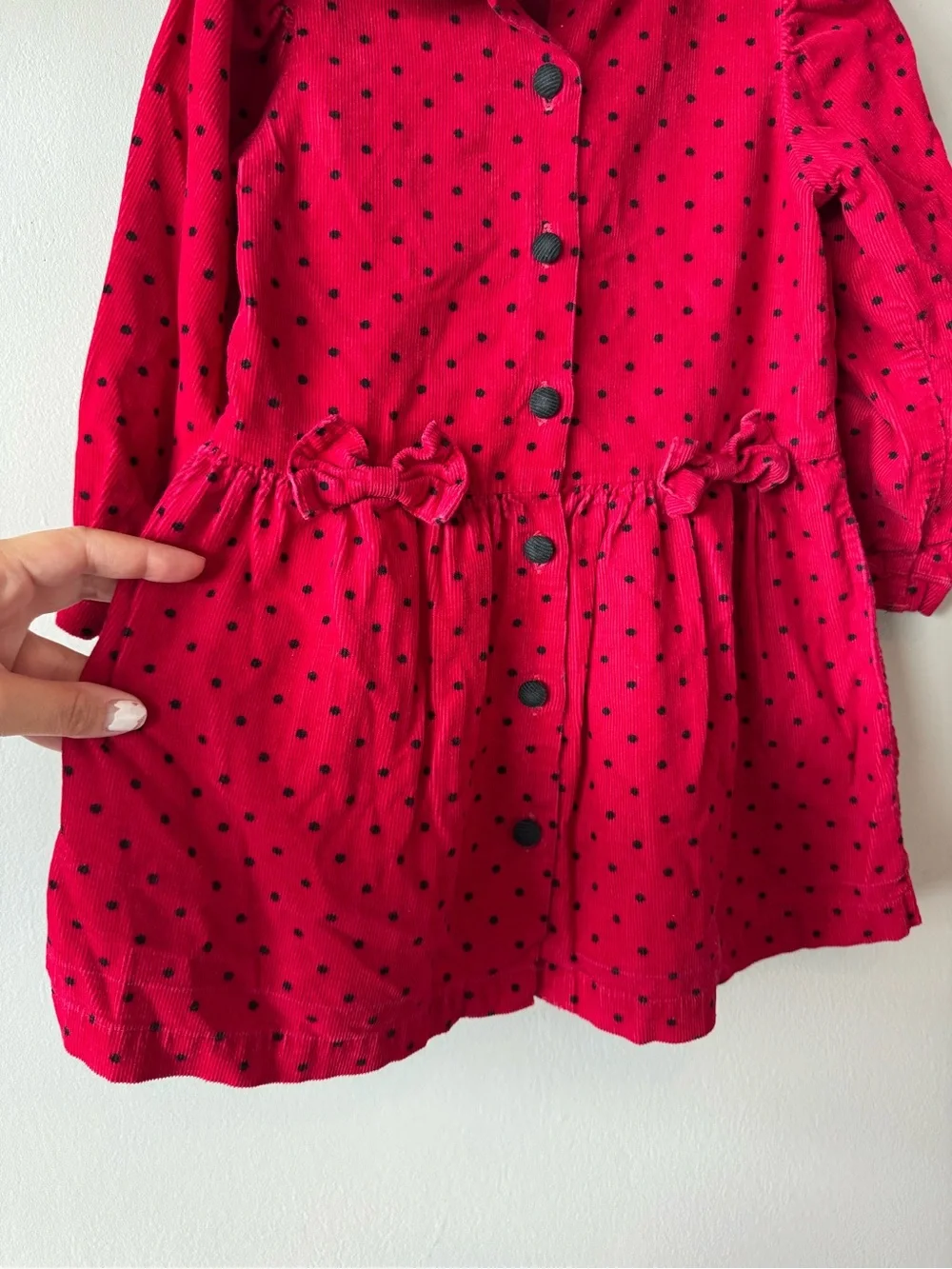Vintage Osh Kosh B’Gosh‎ Red Corduroy Black Polka Dot Bow Dress Paper Tag Size 4